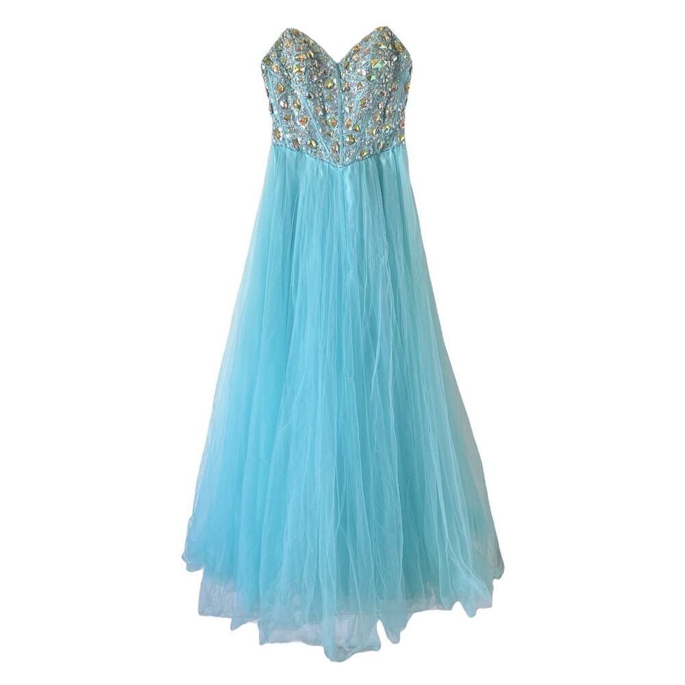 Masquerade Prom Dress Womens Size 1/2 Blue Strapless Rhinestone Corset Maxi Gown